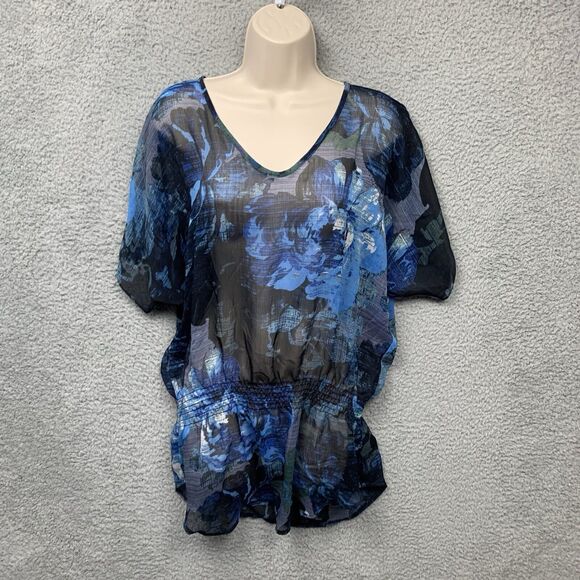 Express Shirt Womens M Blue Sheer Floral Boho Fairycore Mermaidcore - Picture 1 of 9